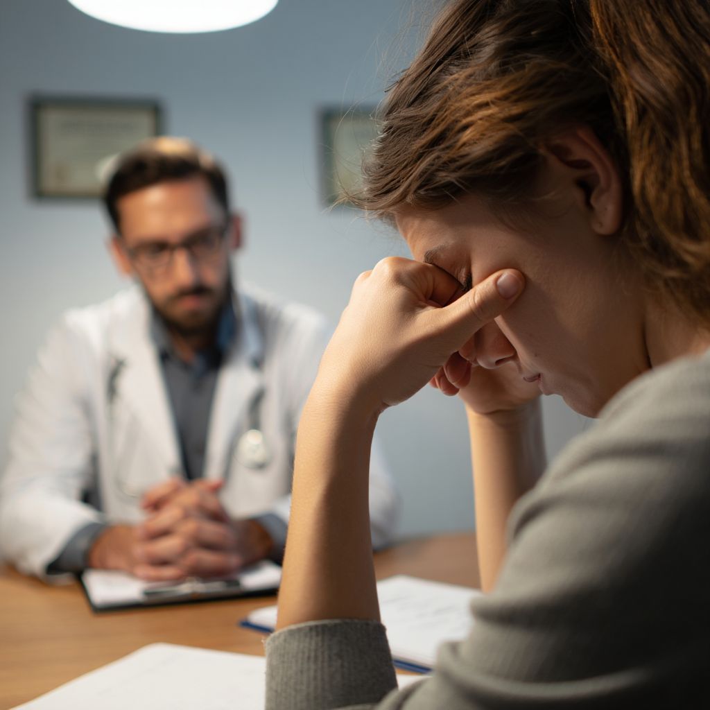 Девушка плачет на консультации у психолога